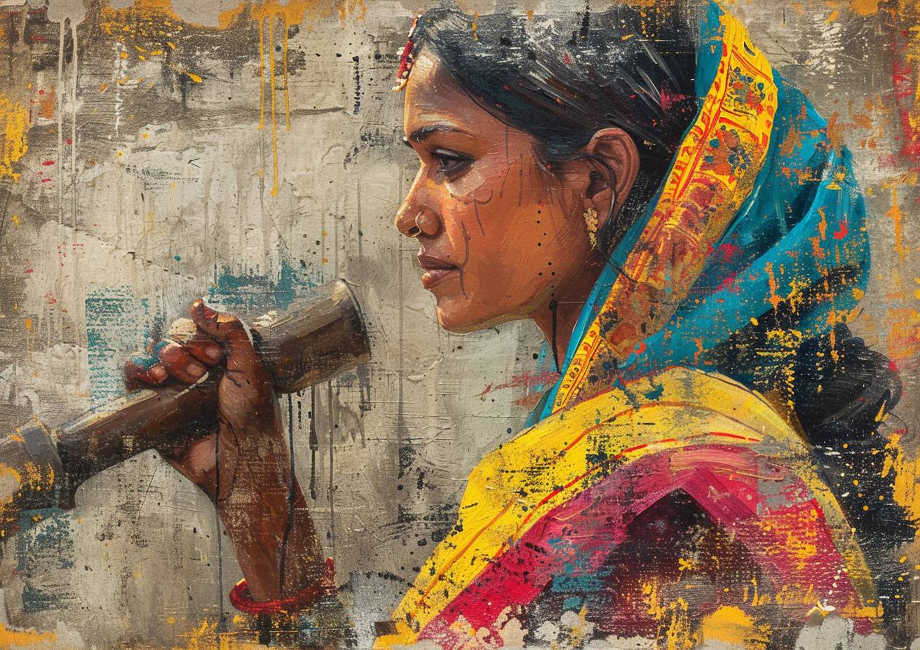 労働者のインド人女性を描いた風景画、横顔、カラフルなサリーを身につけ、ハンマーを振るう、強い視覚的フローがある作品。