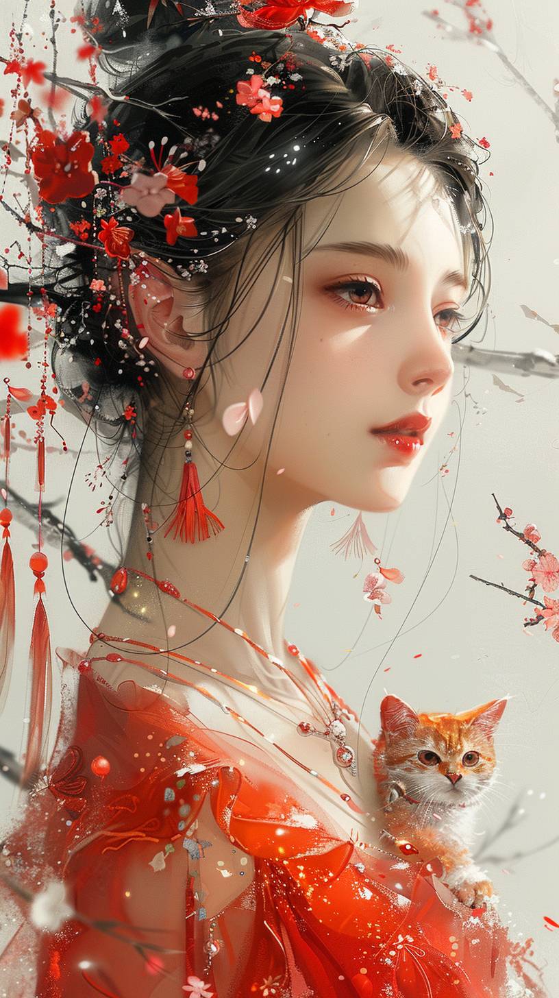 A beautiful woman in an orange dress with peach blossoms in her hair, holding a fat orange cat, in a Chinese style illustration featuring simple lines and flat painting in ink line drawing style. This minimalist background portrait has hand-drawn and hand-painted details in ultra high resolution, high-detail flat coloring style. The artwork is in the style of Gongbi painting --chaos 30 --ar 9:16 --stylize 800  --v 6.0