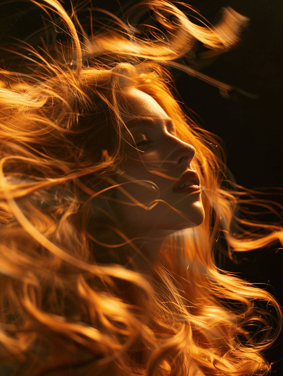 Beautiful woman with long hair, long exposure, dark background, light painting in amber, close-up, light orange hues, blurred brushstrokes, blurriness, wind, and blonde curls.