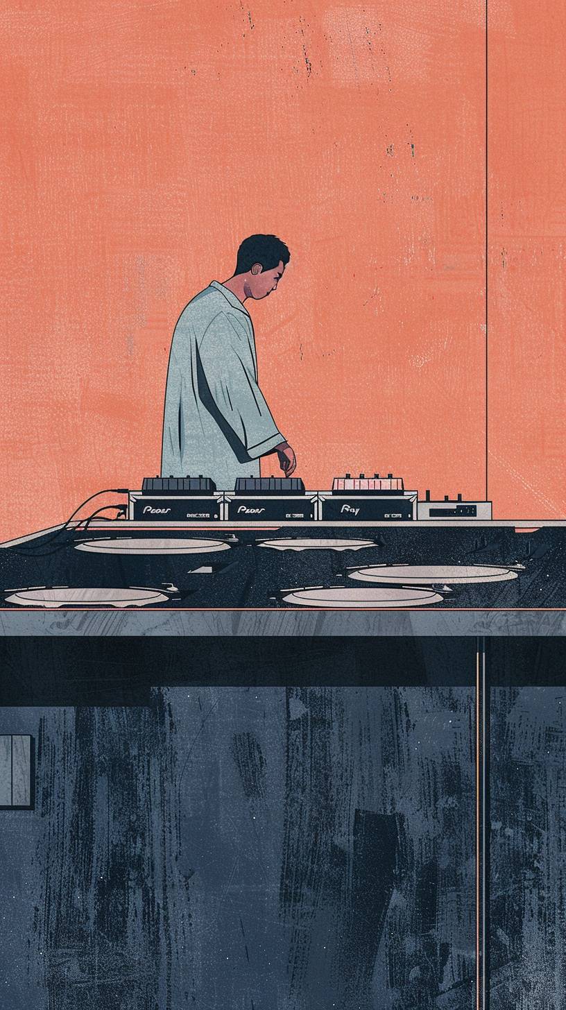 A painting showing a man standing over DJ equipment at a table, clear thin lines, cute, detailed brushstrokes, minimal color, simple line work, Ryo Takemasa, 8k, plenty of copy space