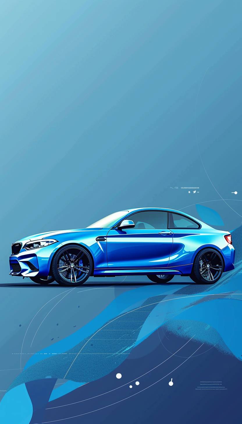 Create a bright royal blue background with subtle design details, featuring a sleek, modern look. In the center, place a side view of a blue BMW M2 with black rims, illustrated in an artistic, vector graphic style with 3D rendering. The car should be a prominent and stylish element, blending seamlessly with the elegant blue backdrop to create a visually striking image. Include a white outline in the left bottom corner to enhance the design, perfect for web and mobile app logos.