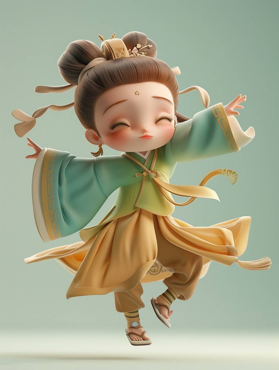 3D rendering, C4d, cartoon Q-version, a three-year-old girl wearing Tang Dynasty summer clothes, tied in a bun, wearing small embroidered shoes, dancing in mid-air. Dunhuang style, with a blue-green and light brown background. Chinese style, various cute expressions and movements, super exquisite.