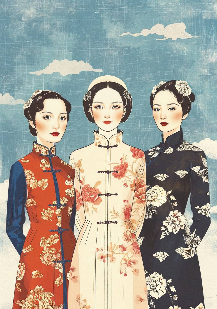 A hand-drawn ink portrait of a Chinese writer, featuring three Chinese women from different time periods standing side by side in different clothing styles. One ancient Chinese woman in ancient traditional attire, one woman from the 1920s in a cheongsam, and one woman from the 2020s in a modern black suit. The background is an elegant sky blue color, with clean lines reminiscent of Wu Guanzhong and Zhang Daqian styles, high resolution, on a white paper background, in ink painting, in a Chinese traditional art style.