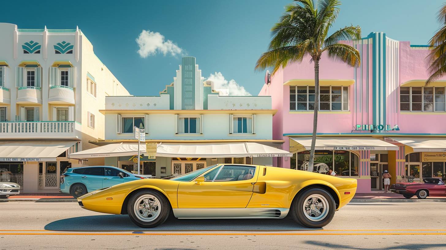 Photo of a sports car, art deco building in the background, pastel colors