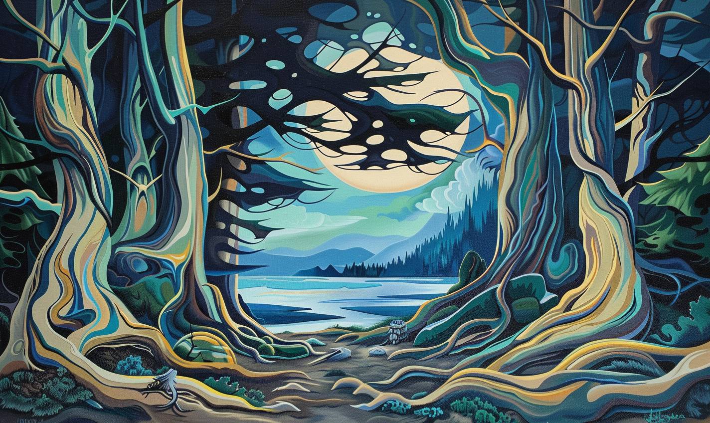 In the style of Lawren Harris, an ancient forest filled with magical creatures