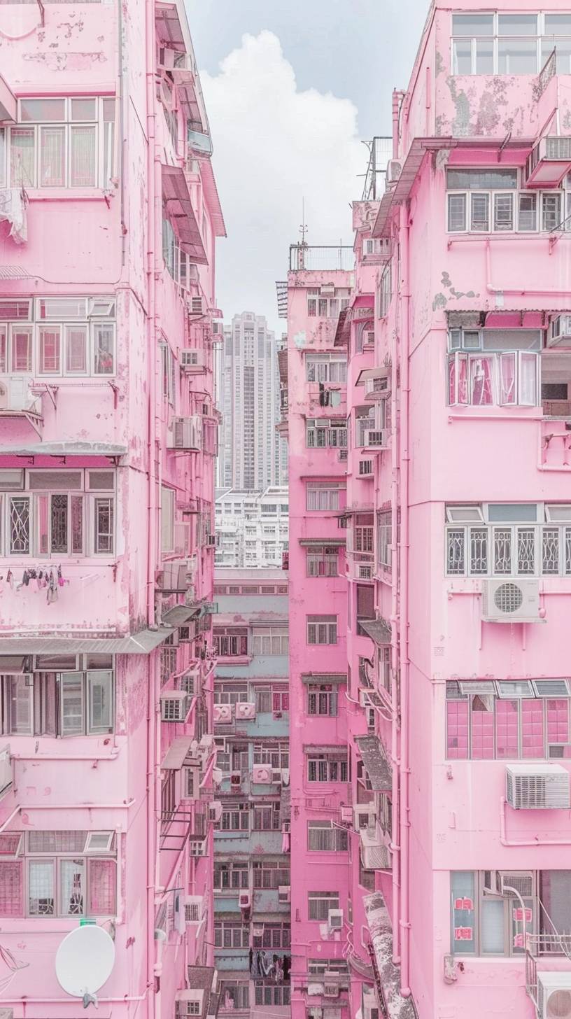 Photo of random weird stuff happening in the windows of slum city skyscrapers, the entire city is pastel pink.