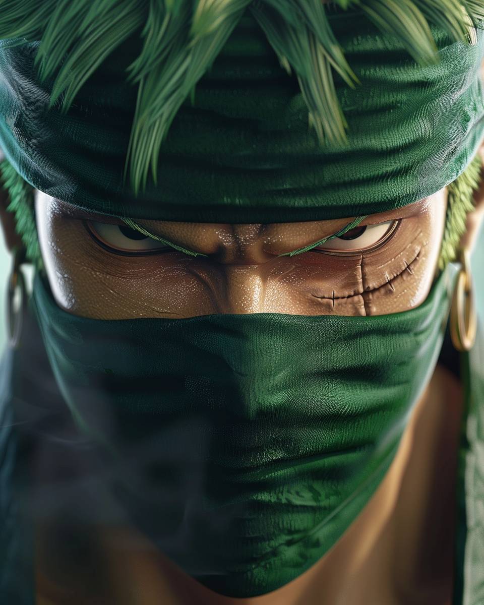 Craft an epic portrait of Roronoa Zoro from One Piece, wearing a ninja mask. Clear and close-up Full HD 32K resolution for maximum impact --ar 4:5  --v 6.0