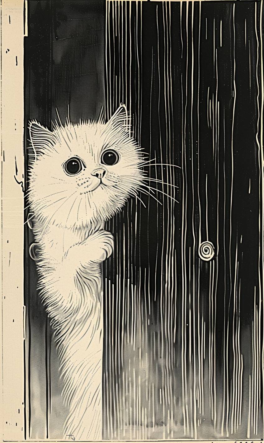 オーブリー・ヴィンセント・ビアズリー： 長いカーテンのある試着室から覗き込む白くて低い鼻と丸い目のペルシャ猫