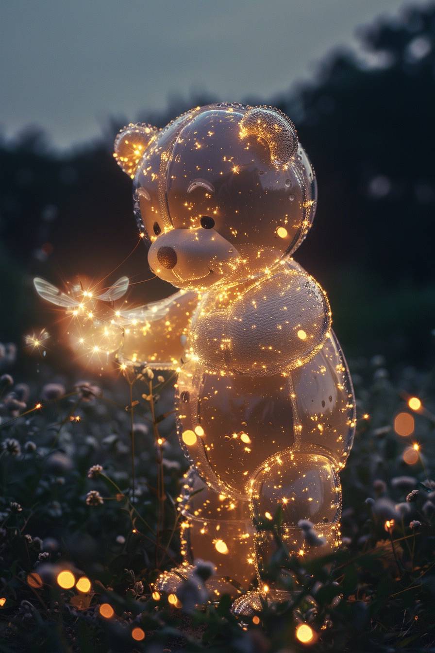A huge teddy bear stands in the open space. The teddy bear is crystal clear, emitting a faint light all over its body. The teddy bear stands, bends over and extends its hand, looking down at its own hand. There is a very, very small firefly in its hand that emits a faint light, focusing on the firefly MEDIUM CLOSEUP(MCU)