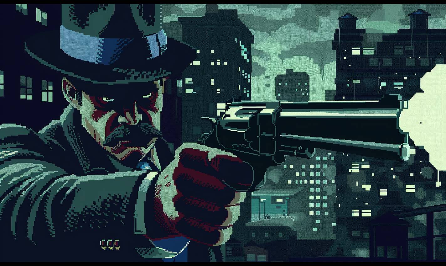 8-bit pixel art close-up of a ruthless gangster with a fedora holding a tommy gun looking at the camera in front of a speakeasy, with a 1920s city background, using flat colors, simple shapes, video game design style with a dark palette, high contrast, pixelation, and low resolution, gritty textures, dynamic action pose, pixel art face and close-up view