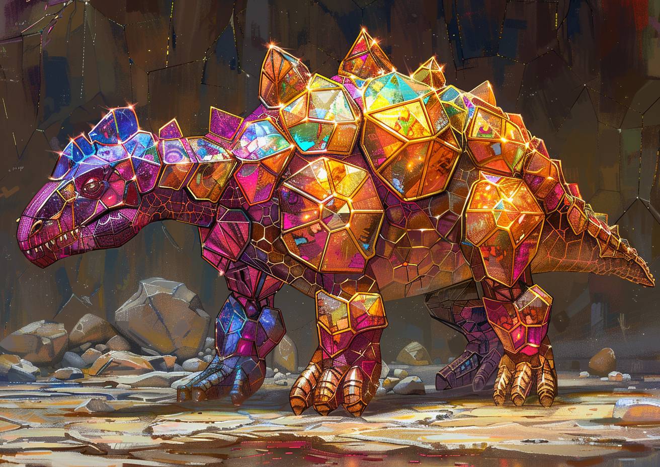 宝石箱恐竜の幻想的なフリーハンドスケッチ、光の屈折、コントラスト、輝かしい色彩、強い視覚的流れ