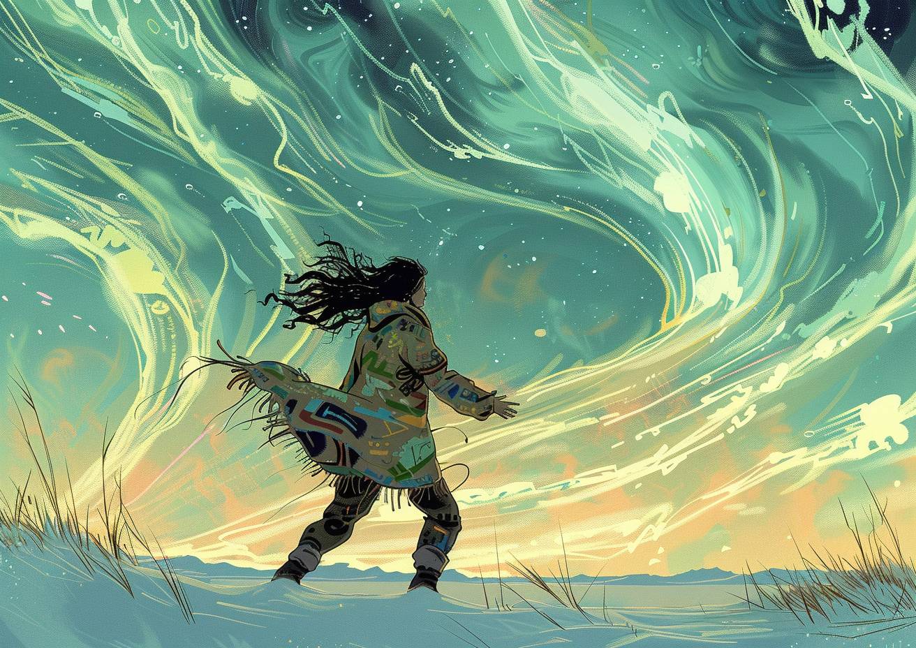 Comic book illustration, an Inuit woman dances on the tundra, muted colours, dynamic lines, swirling aurora lights