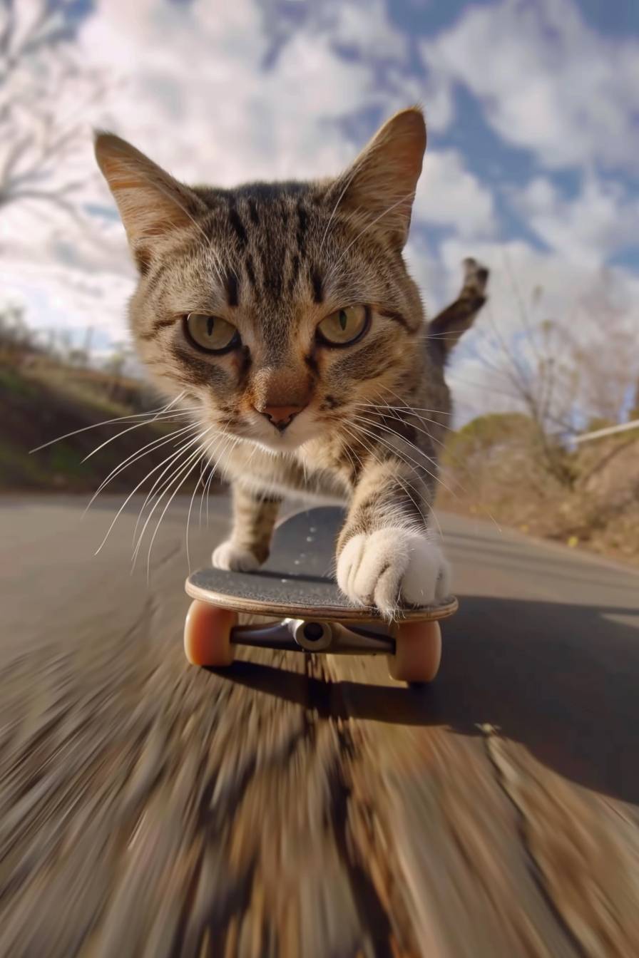 A screen grab from a cat video, with a cat riding a skateboard, with all paws on the board, medium motion blur, photorealistic, shot on a GoPro, low quality image.