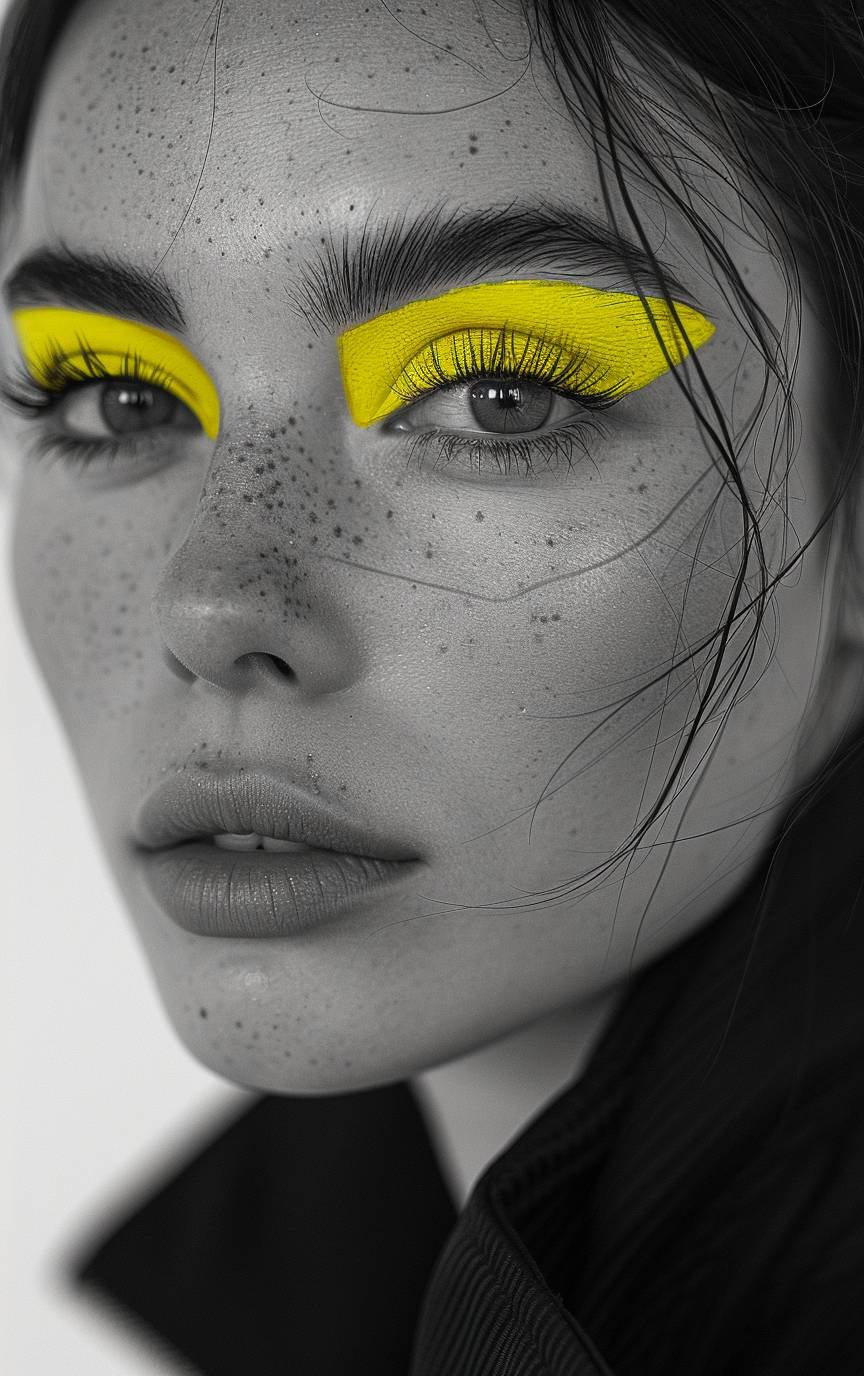 Black and white photo of a woman with neon jade yellow eye makeup wearing a black coat and black Adidas jacket, beautiful face, 4k, flash photo, 4k unreal engine --ar 5:8 --stylize 750  --v 6.0