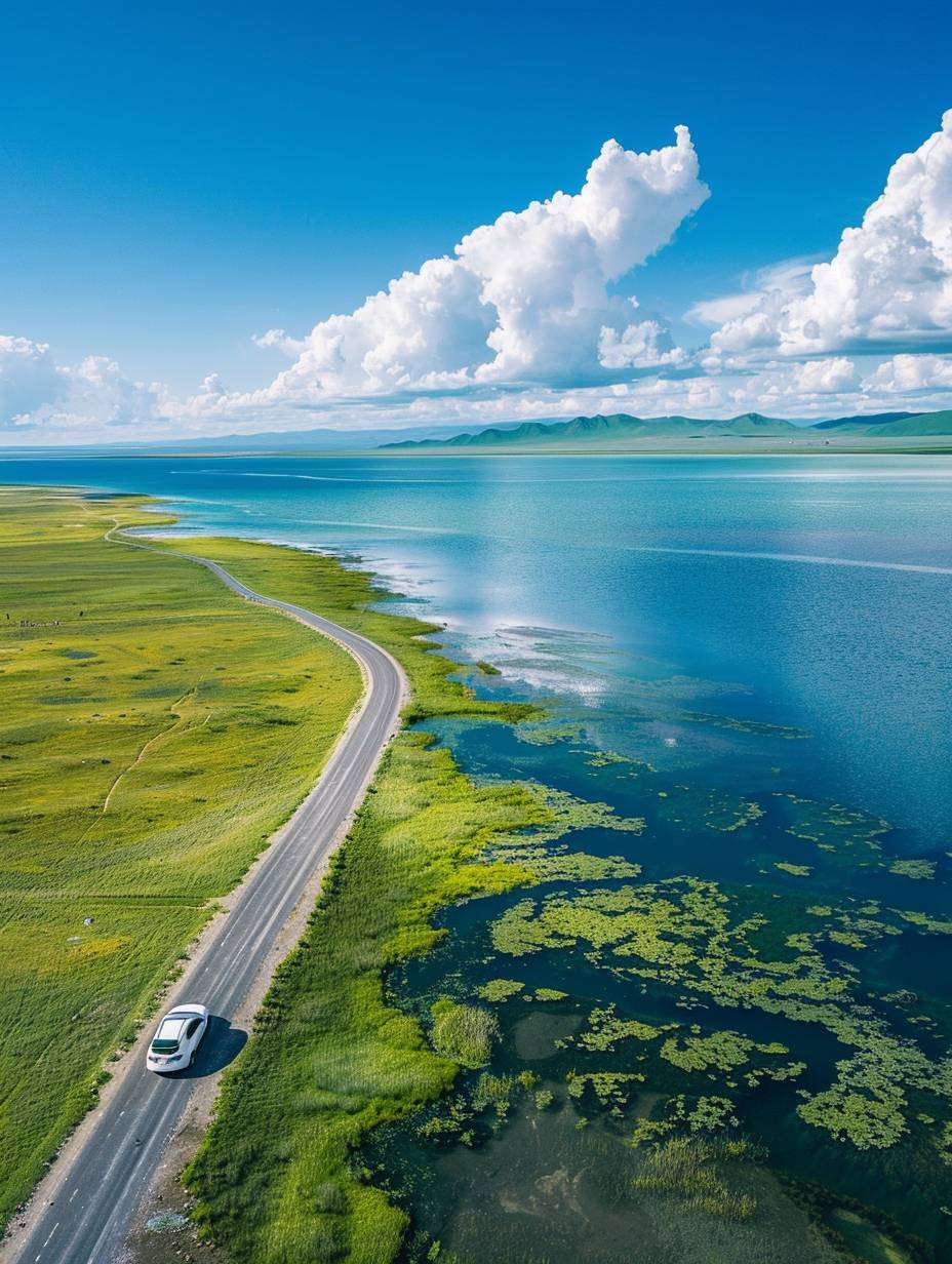An aerial view of the vast expanse of Qinghai Lake, with an endless sea and green grassland stretching to the horizon. A white car is driving on the road leading towards the lake, creating a serene scene. The blue sky above contrasts beautifully against the deep oceanlike water below. This picturesque landscape captures the essence of nature's beauty in stunning detail in the style of the artist.