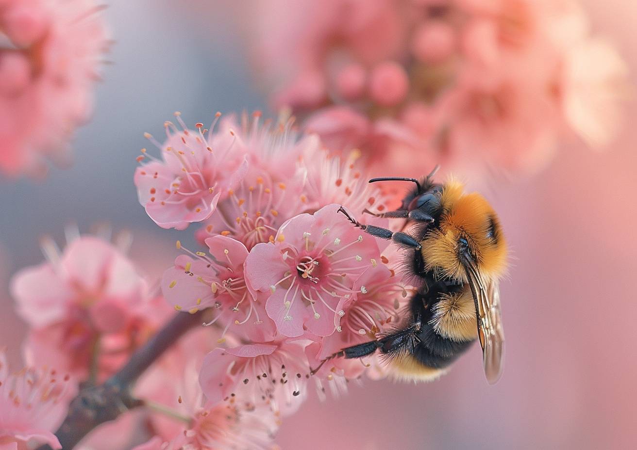 Macro photography of a bumblebee, bright pink flowers, minimalism, high resolution, strong visual flow