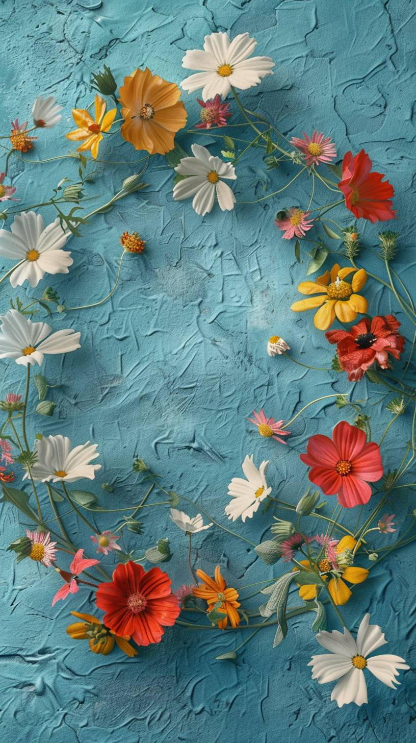 A minimalist ring of bright colored wildflowers. They are laying on a highly textured surface in shades of pastel blue. Cinematic lighting. Ultrarealistic