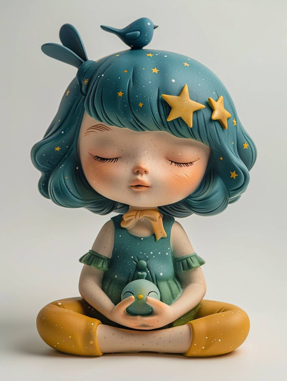 Blind box style vinyl toy of a cute little girl with starry hair and a blue bird on her head with her eyes closed in a meditative pose on a simple white background tilted slightly from The side angle is displayed. The toy adopts a minimalist design with bright colors, high saturation, natural light, soft shadows and exquisite details. Its style is all about natural light, soft shadows and exquisite details