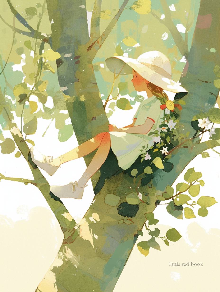 A girl is sitting on the tree, wearing white shoes and green with sun hat, holding flowers in her hand. The background of trees has soft light shining through, creating a fresh color scheme. This illustration was created by an artist named 'little red book'. It features soft edges and delicate brushstrokes, flat style, simple lines, cartoon characters, watercolor painting effects, children's illustrations, colorful colors, and a dreamy atmosphere