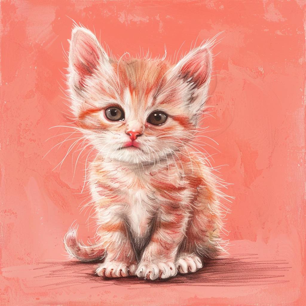 パステルマーカーのスタイルで描かれた子猫の絵、個性的なキャラクターデザイン、パステルオイル、微妙なトーン、CuteCore、赤