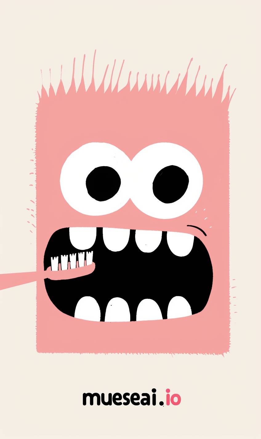 A simple illustration of the text "mueseai.io" with an extreme close up of two black eyes and mouth, a cute pink toothbrush in his open mouth, in the style of Gemma Correll, with a quirky character design and flat pastel colors.
