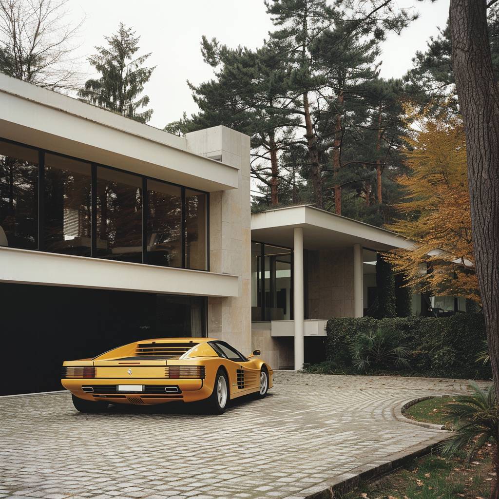 35mm photo of a modern house in France with a dark yellow Ferrari Testarossa on the driveway. Shot on expired --v 6.0