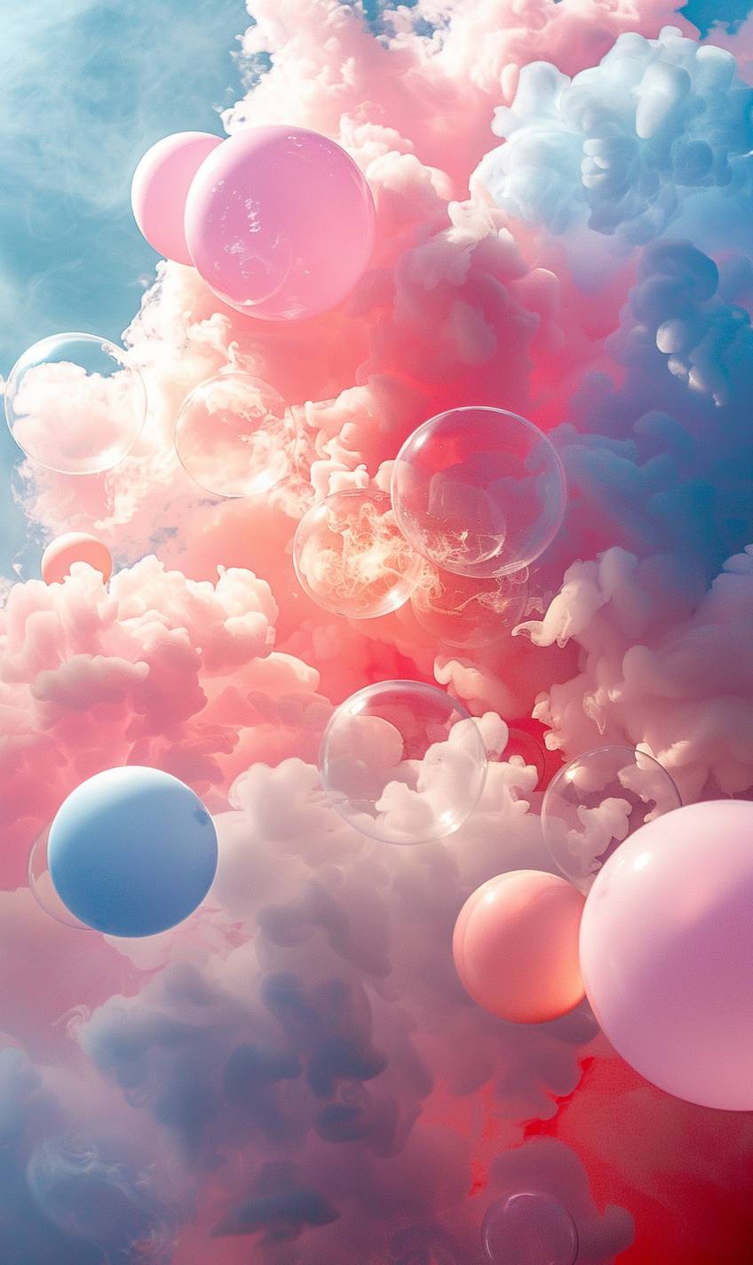 互いに重なり合う薄い空気の中で、異なる直径のパステルピンクとパステルブルーの円が浮かんでいます。雲のような神秘的な雰囲気。