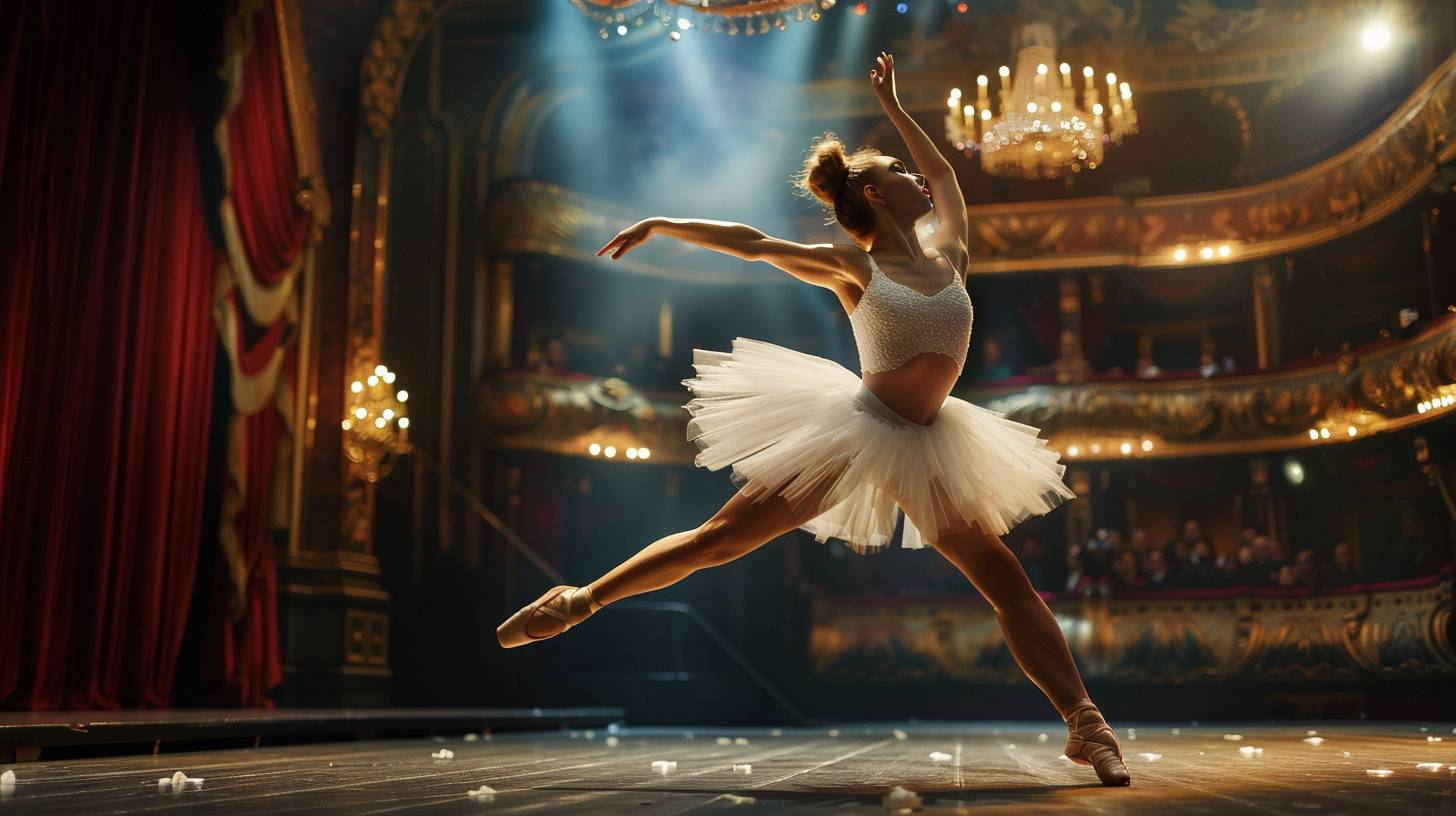 Ballerina in mid-leap, tutu fluttering. Graceful form. Intense focus. Classical theater. Spotlights. Velvet curtains, ornate chandeliers. Long shot, capturing the full stage. Dramatic lighting, highlighting the dancer against a dark background. High-speed capture.