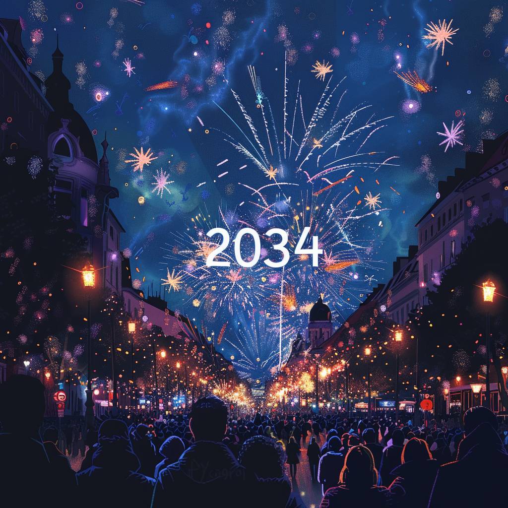 Fireworks dispersing into the shape of '2024' in the night sky, a azure night sky, celebratory crowd in the streets, cartoon style