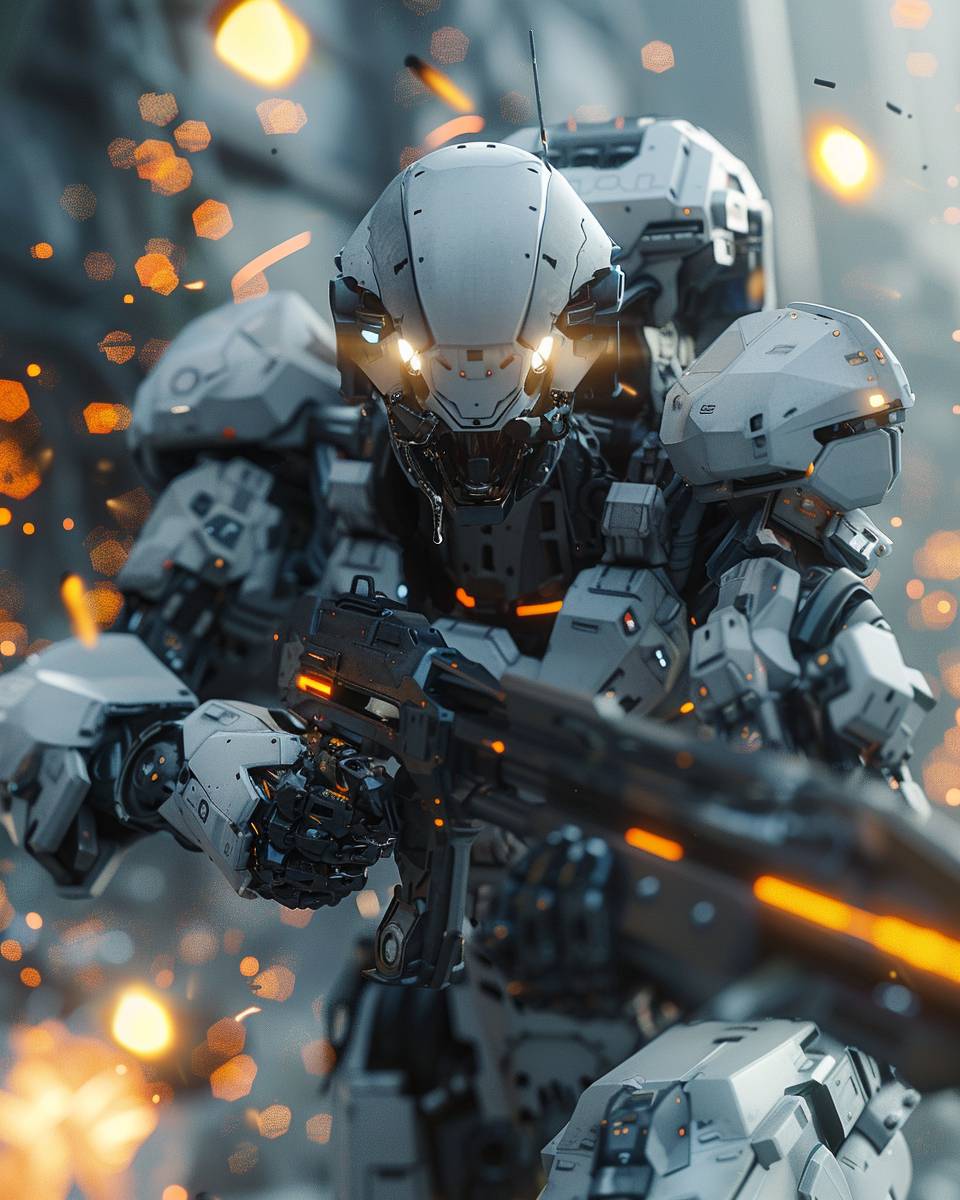 A mecha fighting game developed by FromSoftware, featuring flames in the background, detailed body with full and intricate mechanical structure, white mecha resembling ARMORED CORE and hawken, black-colored visor with a blur effect, created using ZBrush for digital 3D artwork, utilizing DataGRAPH and Hard Surface techniques, with a resolution of 24K, showcasing glowing eyes and resembling Gundam.