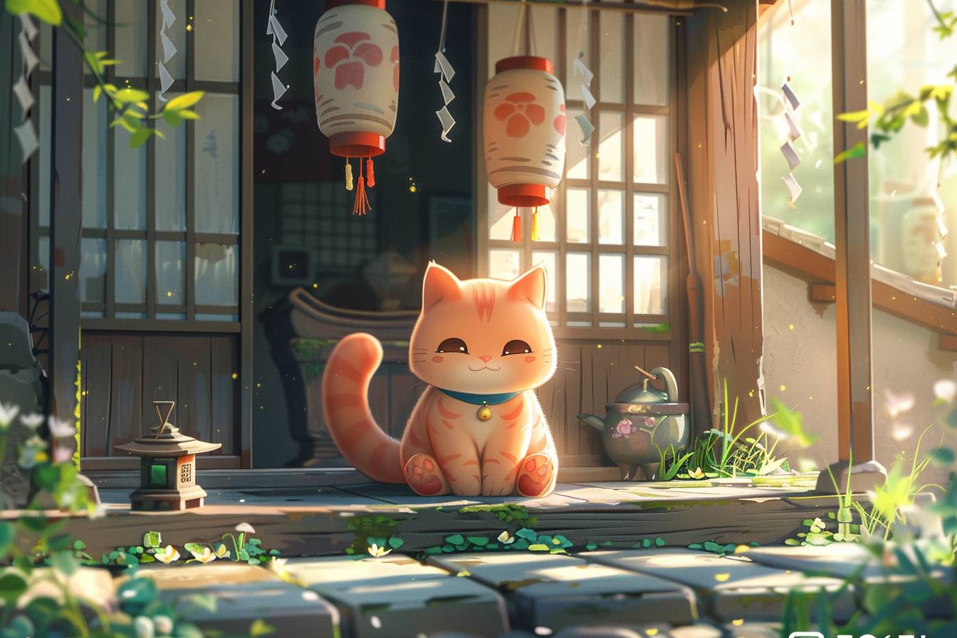 Chibi style character design of a cute chubby creature sat on a wooden platform in front of the yard. Behind the cat was a room with an open door. In the sunny summer, the sun shone into the room, creating a comfortable feeling. Wind chimes hung, and in the foreground were some small grass. Profile, game style, GC style, full body, medium shots, foreground, made in C4D, OC, 3D, 8K.