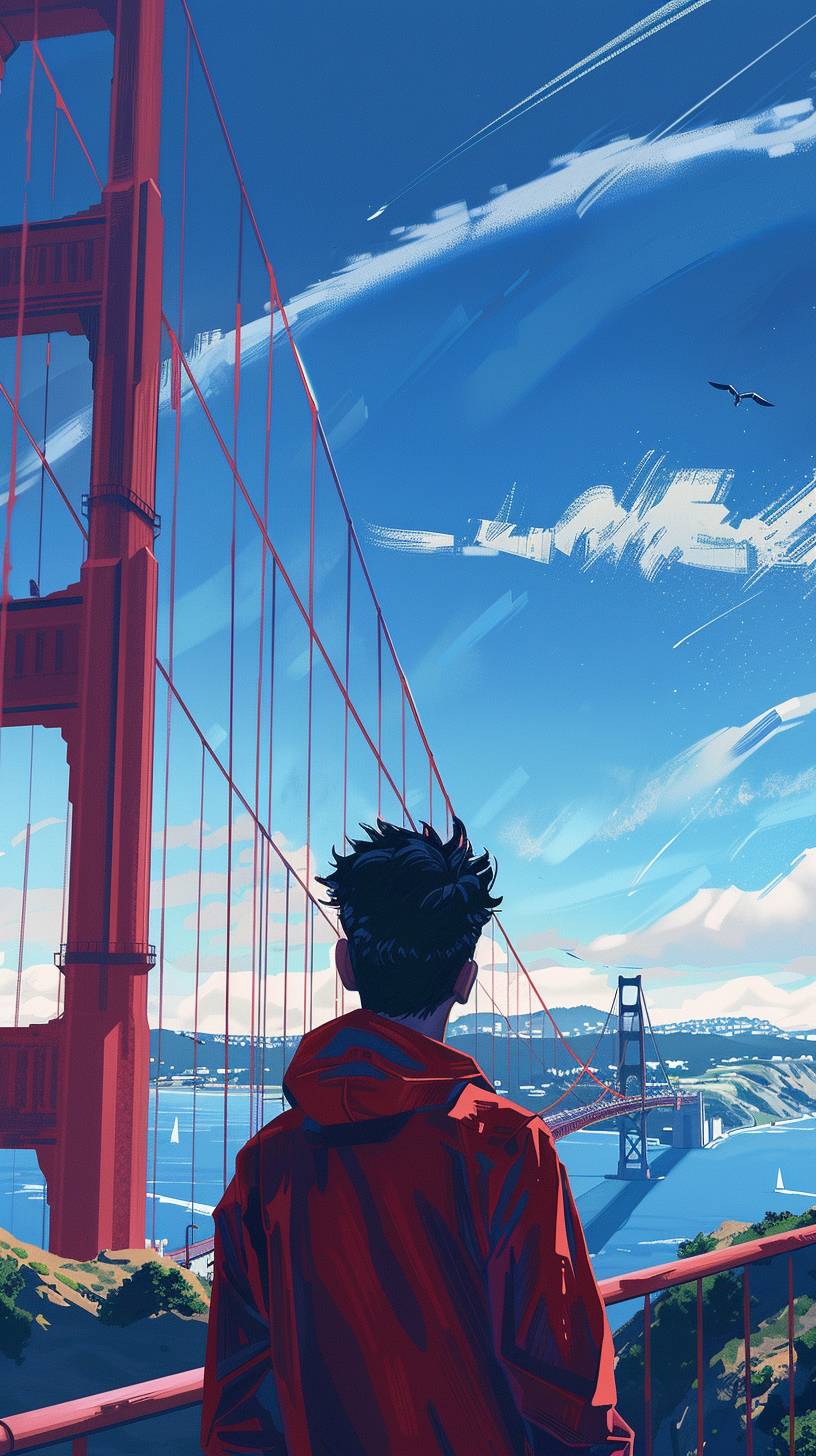 A picture of the San Francisco Golden Gate Bridge in the style of 1980s Macross or Robotech anime series. Under a blue sky, a young man is standing in Marin, looking at the Golden Gate Bridge towards the city. It's windy and he looks ambitious. He has very black hair. --ar 9:16 --v 6.0