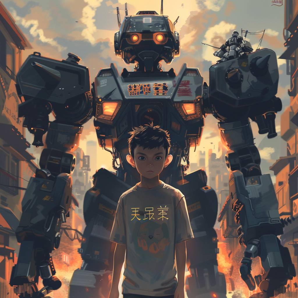 自信満々な姿勢の少年が、巨大なメカロボットの前に立っている。彼のTシャツには「ロボット」と刺繍されている。（ダイナミックな照明と影：1.4）、背景にそびえるメカがあり、（低アングルショット：1.3）、メカの巨大さとパワーを強調している