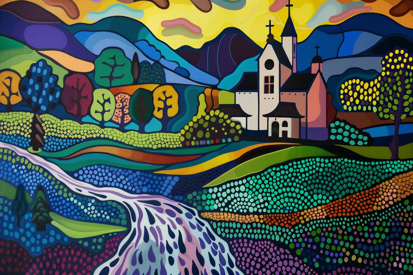 In the style of Lichtenstein, stunning natural landscape, church