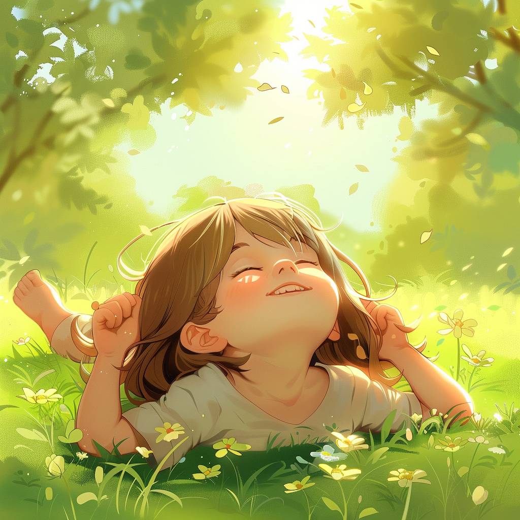 Spring, a super cute little girl is lying on the grass, laughing, sunny day, cartoon style, natural light, full body focus, high quality, super details, HD, 32K