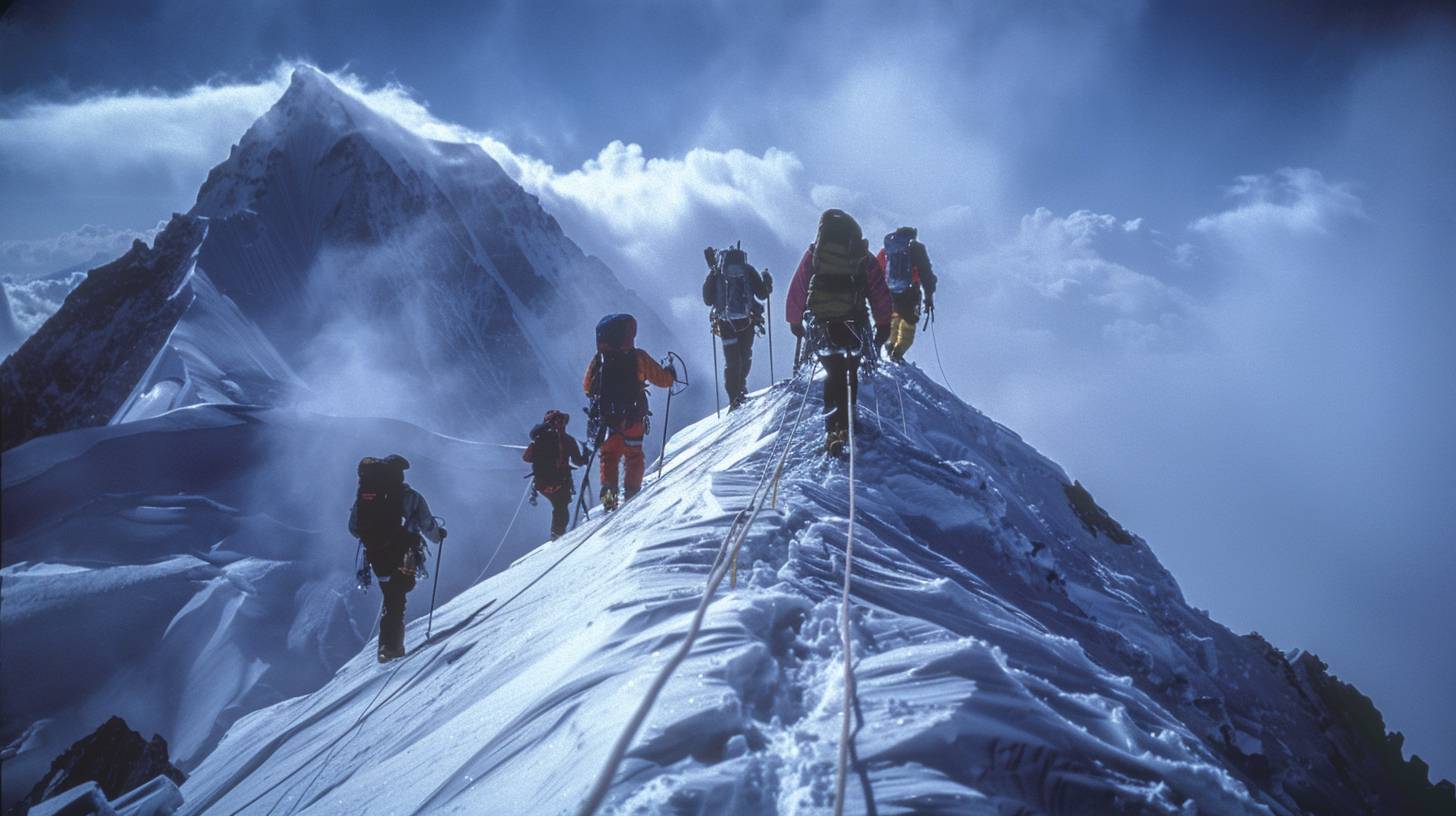 ピークに到達した4人の登山家。勝利と疲労。雪で覆われた山頂。スイスアルプス。1980年の夜明け。ロープ、アイスアックス、広がる景色。全身を写した広角。Nikon FM2、Agfa Vista 200 フィルムで撮影。午前の初めの光、登山者の息が冷たい空気の中で見える。