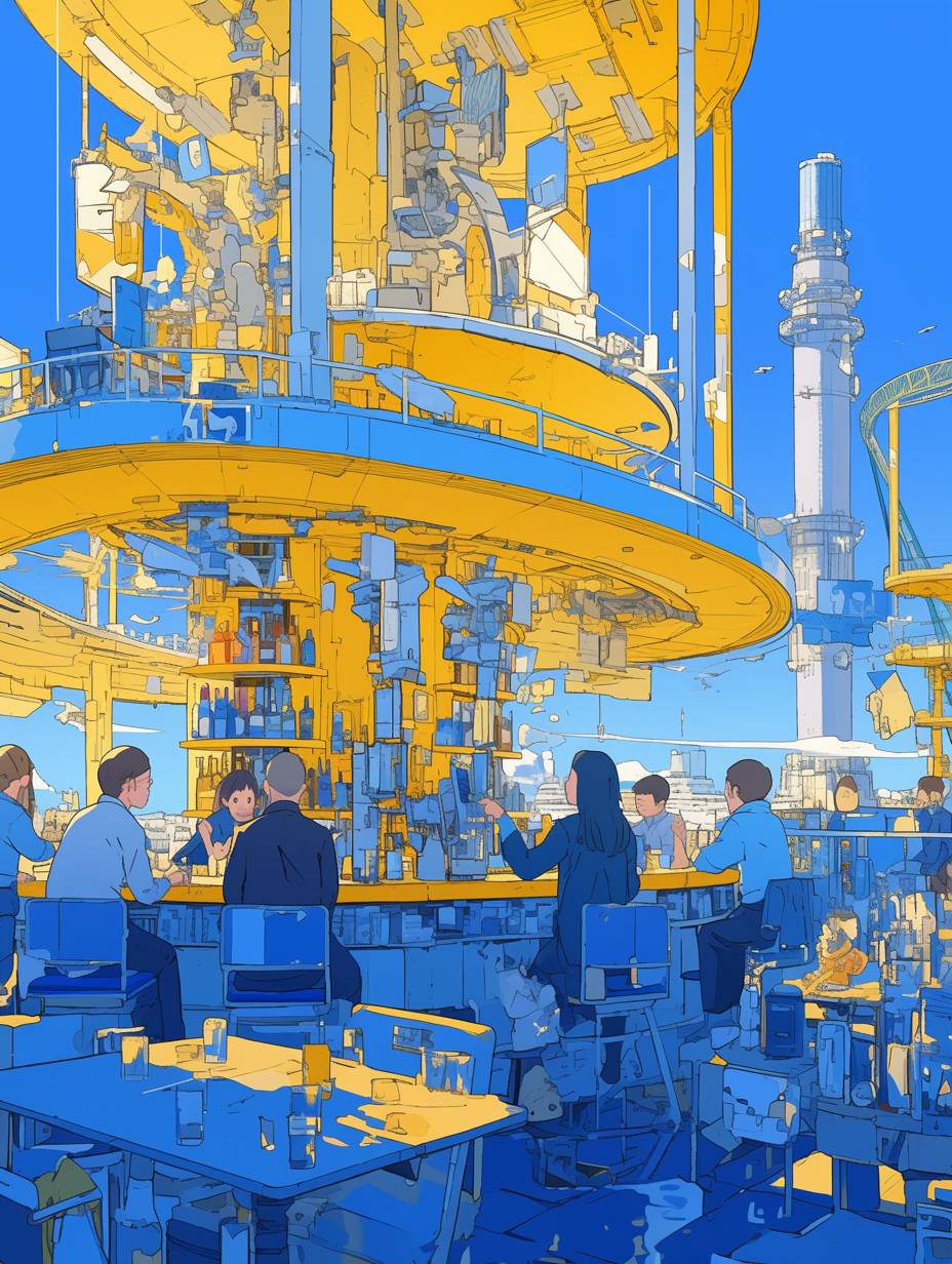 An interior scene inside one bar on board in a giant ship, yellow and blue color scheme, the Asian lady clerk is serving drinks to the other Asian customers, children playing around, rollercoaster and tower visible outside from the windows, bold lines and vintage colors, in the style of Japanese anime and picture book illustration