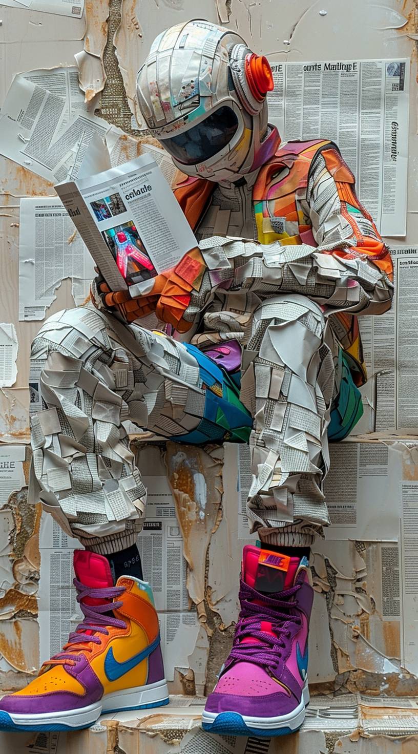 An art piece depicting an anthropomorphic robot wearing colorful Nike shoes, sitting on a wall and reading a magazine made entirely from pieces of paper. The style is hyperrealistic with intricate details, in the style of photorealism.