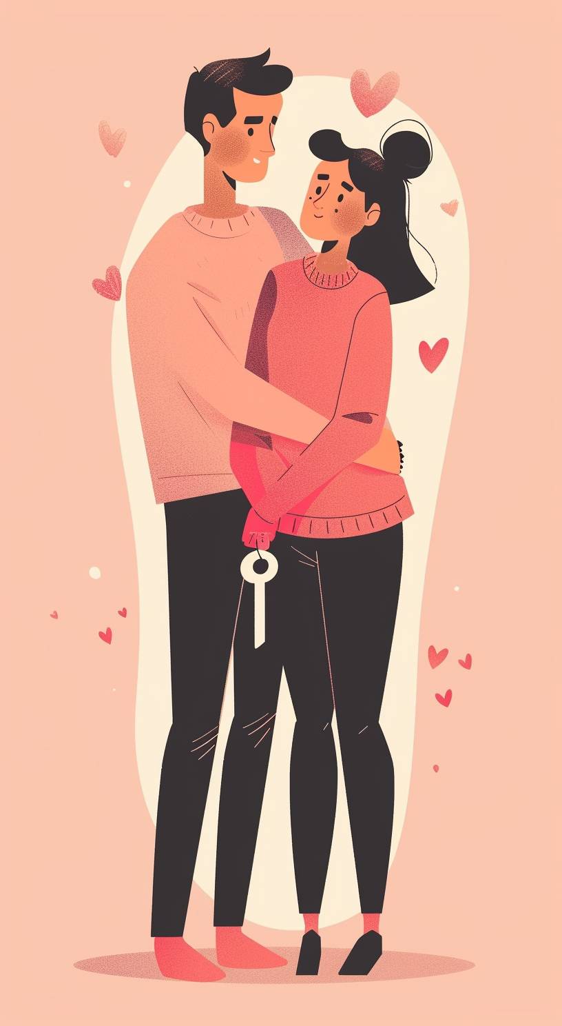 Happy couple holding big house key together, lateral view, looking at something, full body, flat illustration style, simple background, vector illustration, pink skin tone, flat design illustration, minimalism, simple color scheme, flat colors, simple shapes, flat gray gradient