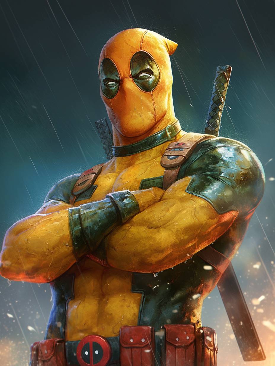 Concept art photobash image of SpongeBob as Deadpool