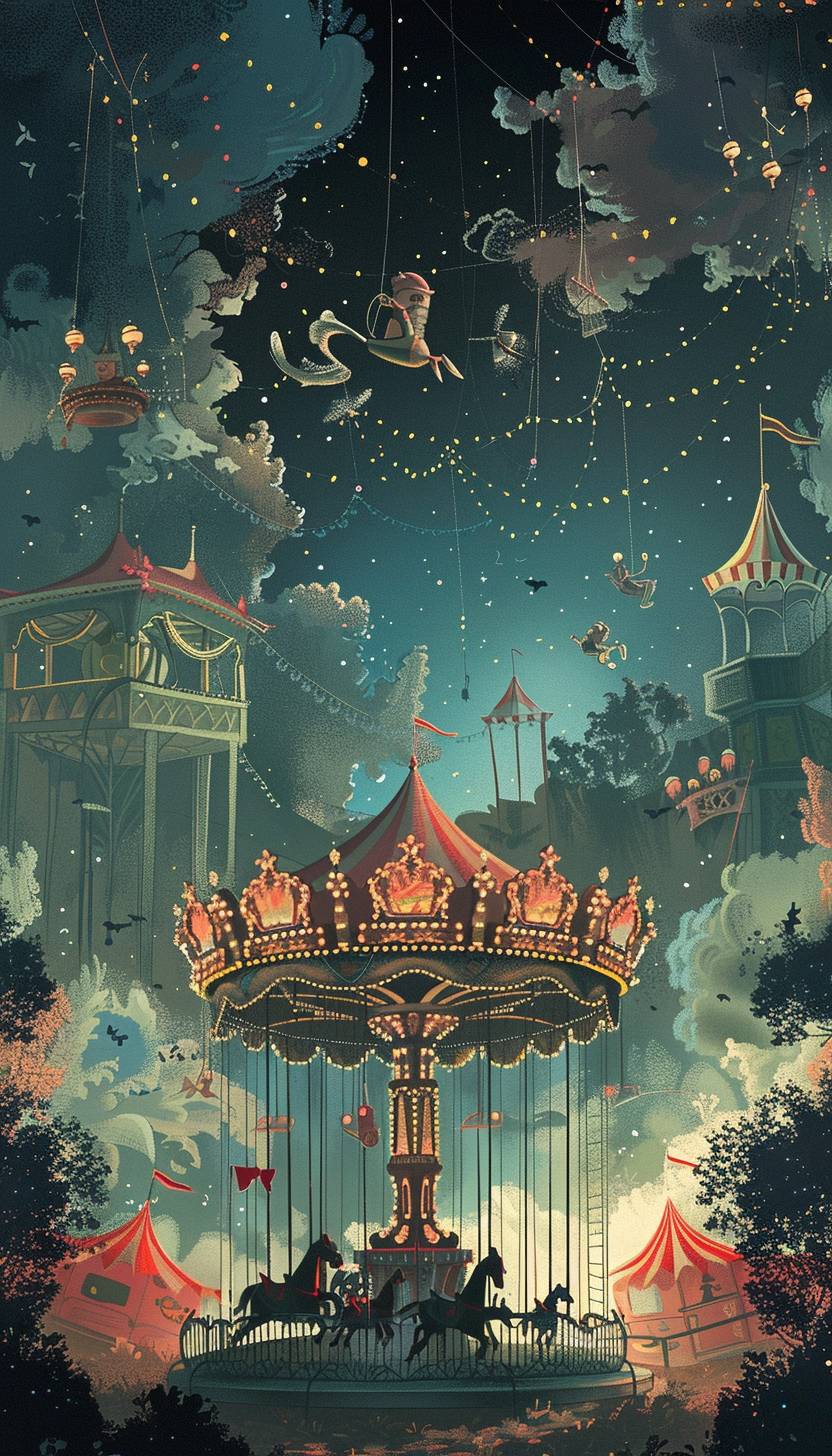 In the style of Marjane Satrapi, a whimsical carousel in a fantastical carnival