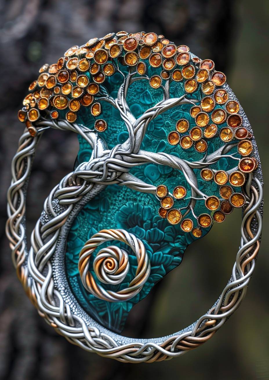 Elaborate Viking knotwork, silver, copper, teal, intricate detail, Fibonacci spiral tree of life, tenebrism, glowing radiant colours
