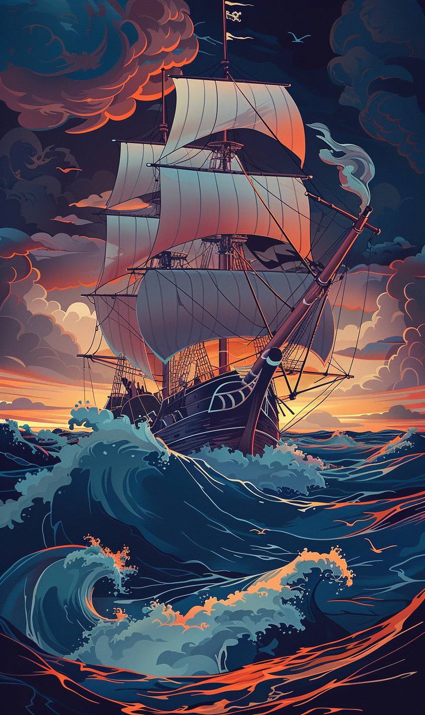 パトリック・ナゲル風のスタイルで、嵐の海を航行する海賊船。