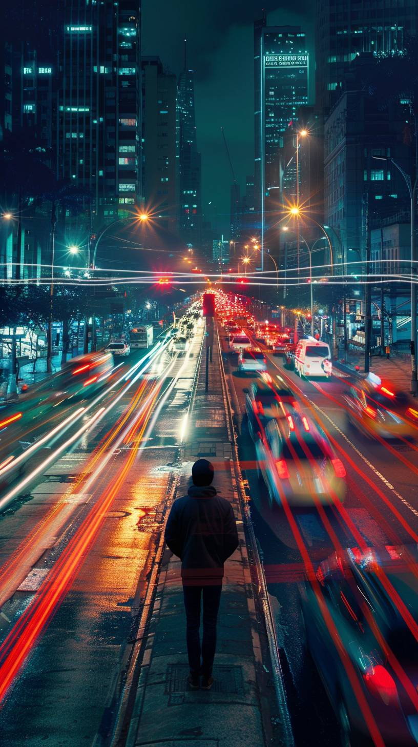 A hyper-realistic POV image of a person standing on the sidewalk, watching the light trails of cars passing on an avenue in São Paulo, Brazil at night. The focus is on the sensation of speed and movement of the vehicles, with vibrant light streaks creating a dynamic and energetic atmosphere.