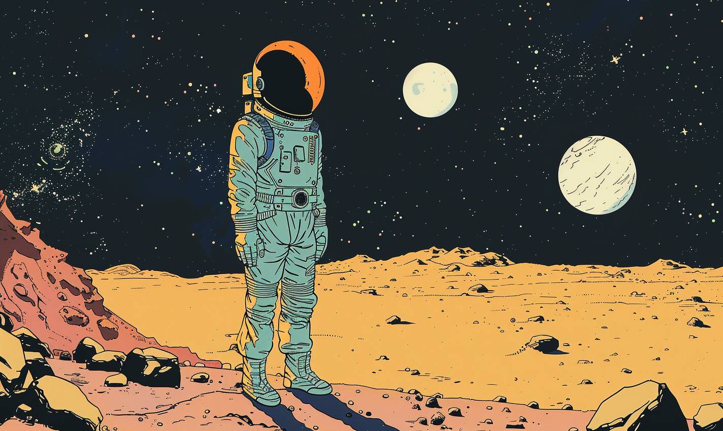 In the style of Adrian Tomine, a space explorer discovers a new galaxy
