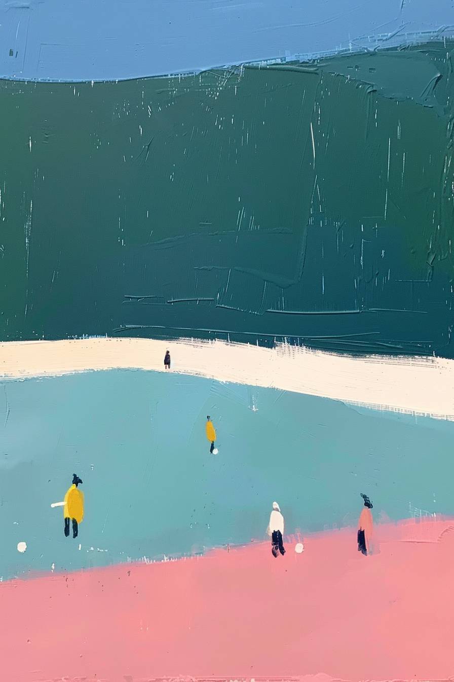 Simplistic and minimal, people on a field hockey pitch, art, gauche, in the style of Etel Adnan -- aspect ratio 2:3, speed 6.0
