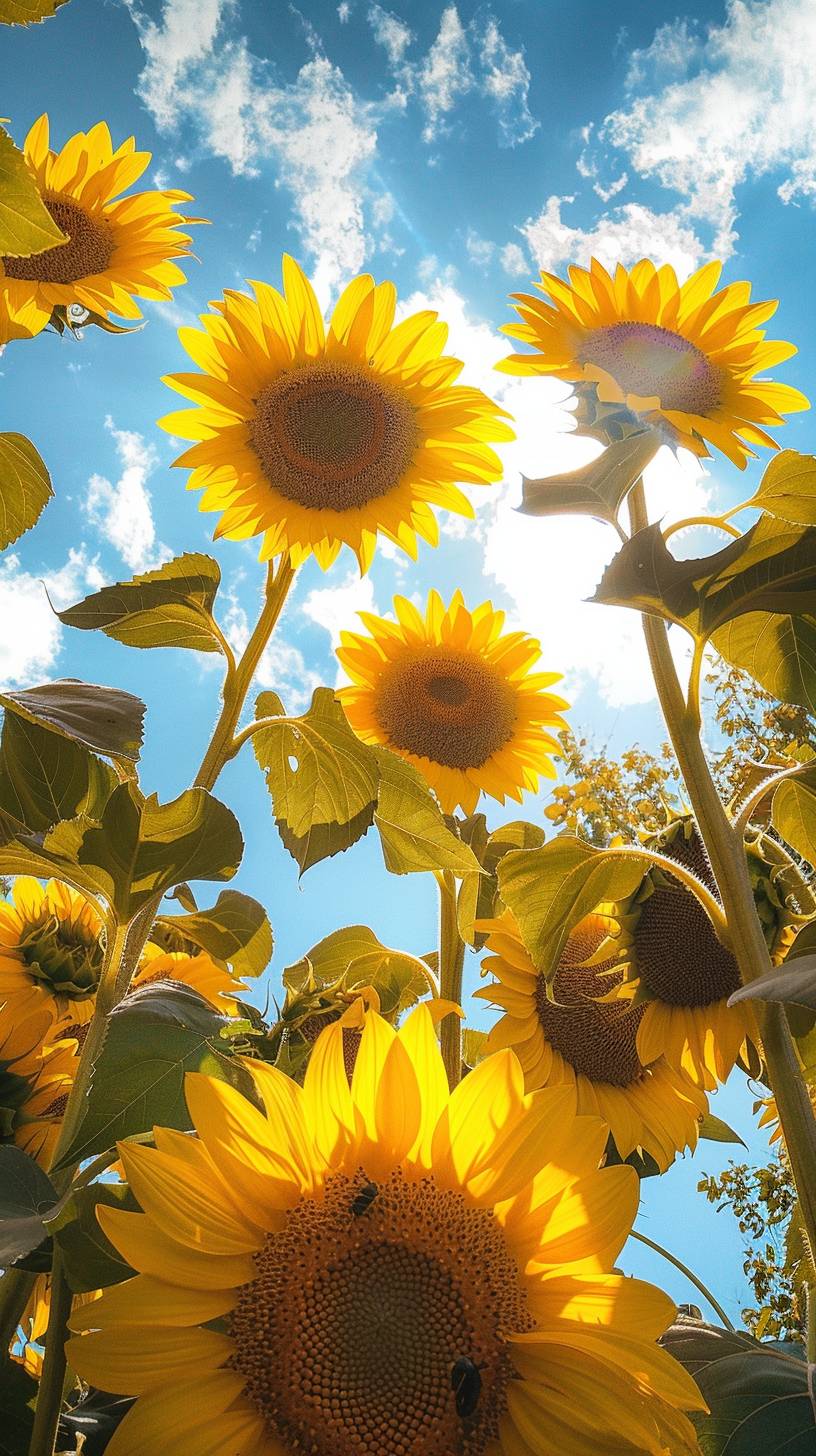 Yellow low angle shot of high sunflowers, colored pencils, crayons, rich colour, yellow