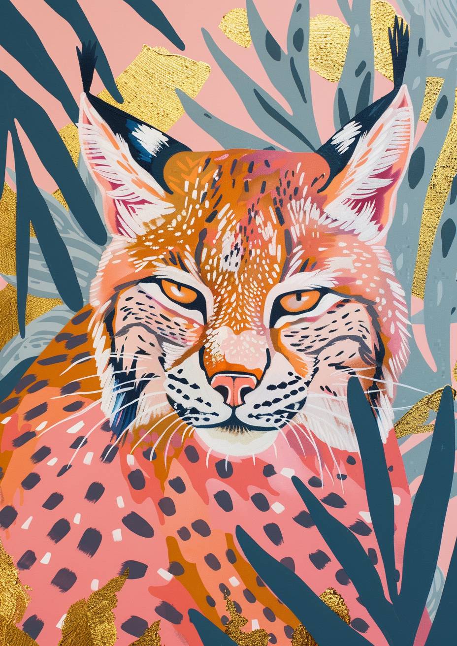 A minimal and whimsical illustration with a bold pastel color scheme; using marker art in the style of Matisse; inspired by 'I fall for you' and aboriginal art; focusing on a lynx; the mood is playful and surrealistic. There is gold leaf all over the artwork.
