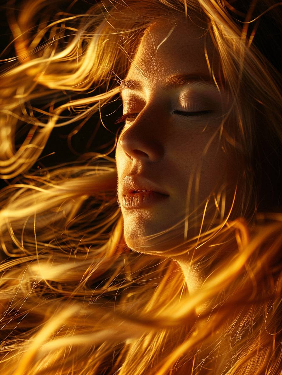 Beautiful woman with long hair, long exposure, dark background, light painting in amber, close-up, light orange hues, blurred brushstrokes, blurriness, wind, and blonde curls.