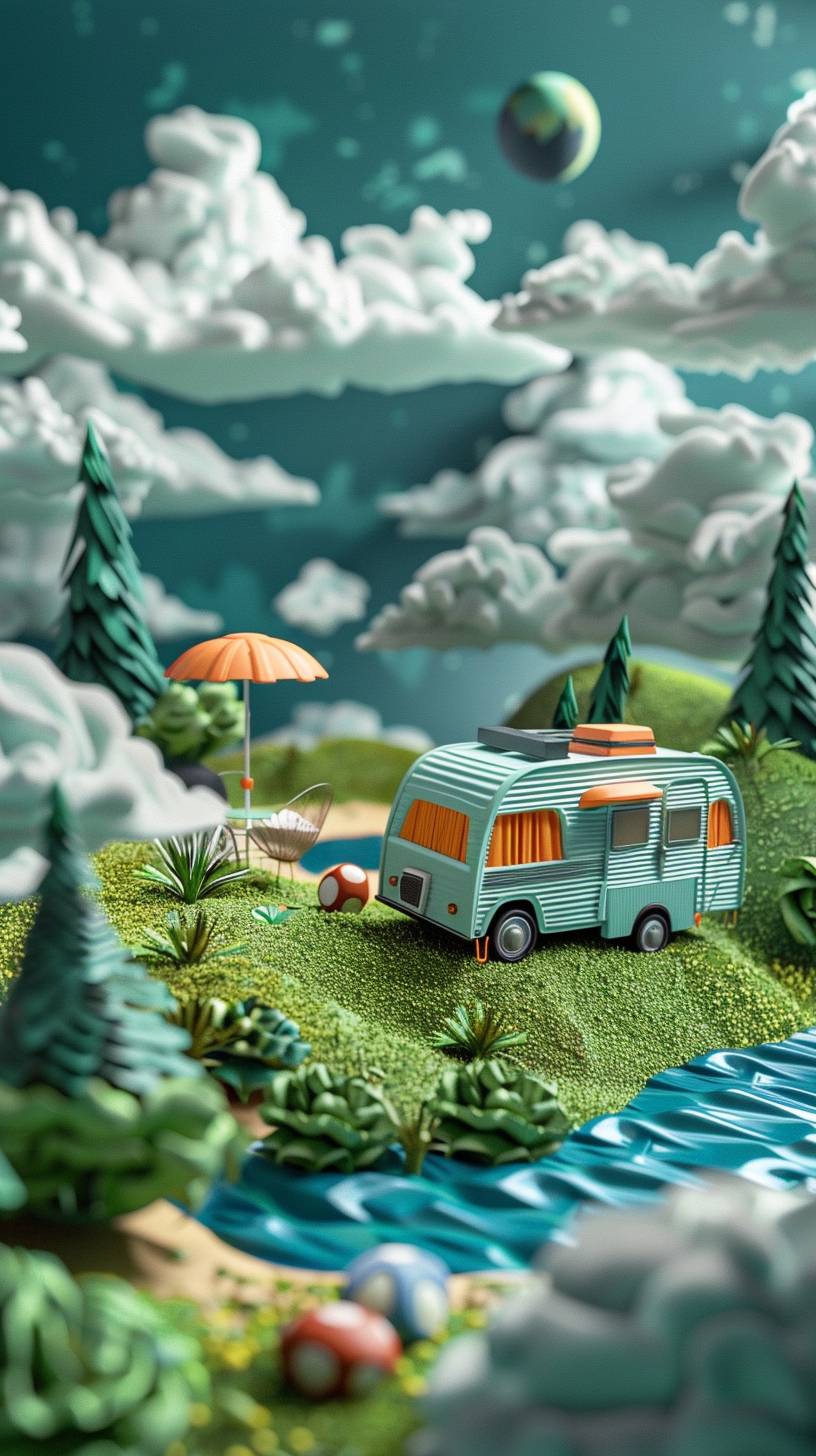 Advertisement with a trailer and a vehicle on top green grass, in the style of cute cartoonish designs, dreamlike visuals, soft sculptures, webcam, bright colors, bold shapes, coastal landscapes, capturing moments.